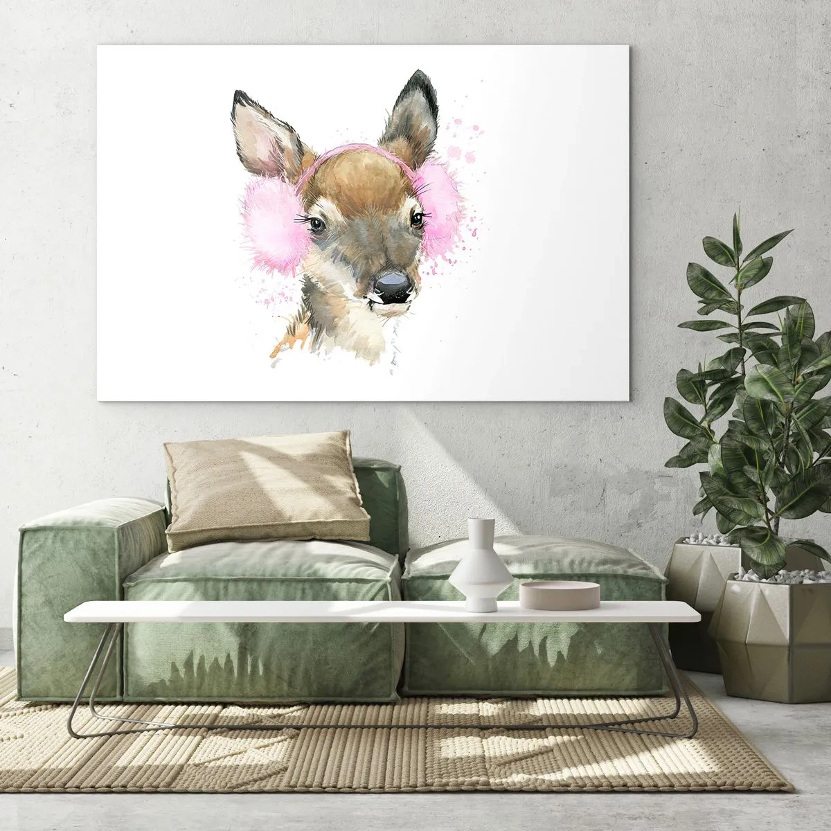 Glasbild - Bild auf glas - Ein Reh mit rosa Pelz-Ohrenschützern - 120x80cm - Und der Frost ist nicht mehr schrecklich - Moderne Wanddekoration für Wohnzimmer und Schlafzimmer ARTTOR