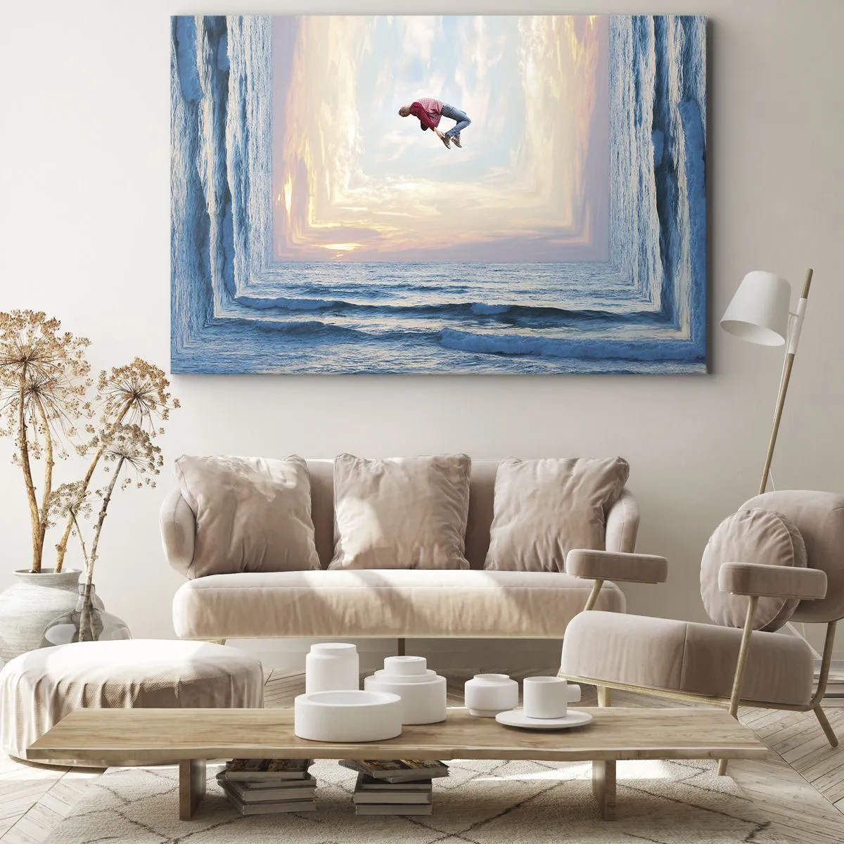 Bild auf Leinwand - Leinwandbild - Surrealer Sprung über das Meer im Rahmen - 70x50cm - In eine andere Dimension - Moderne Wanddekoration für Wohnzimmer und Schlafzimmer ARTTOR