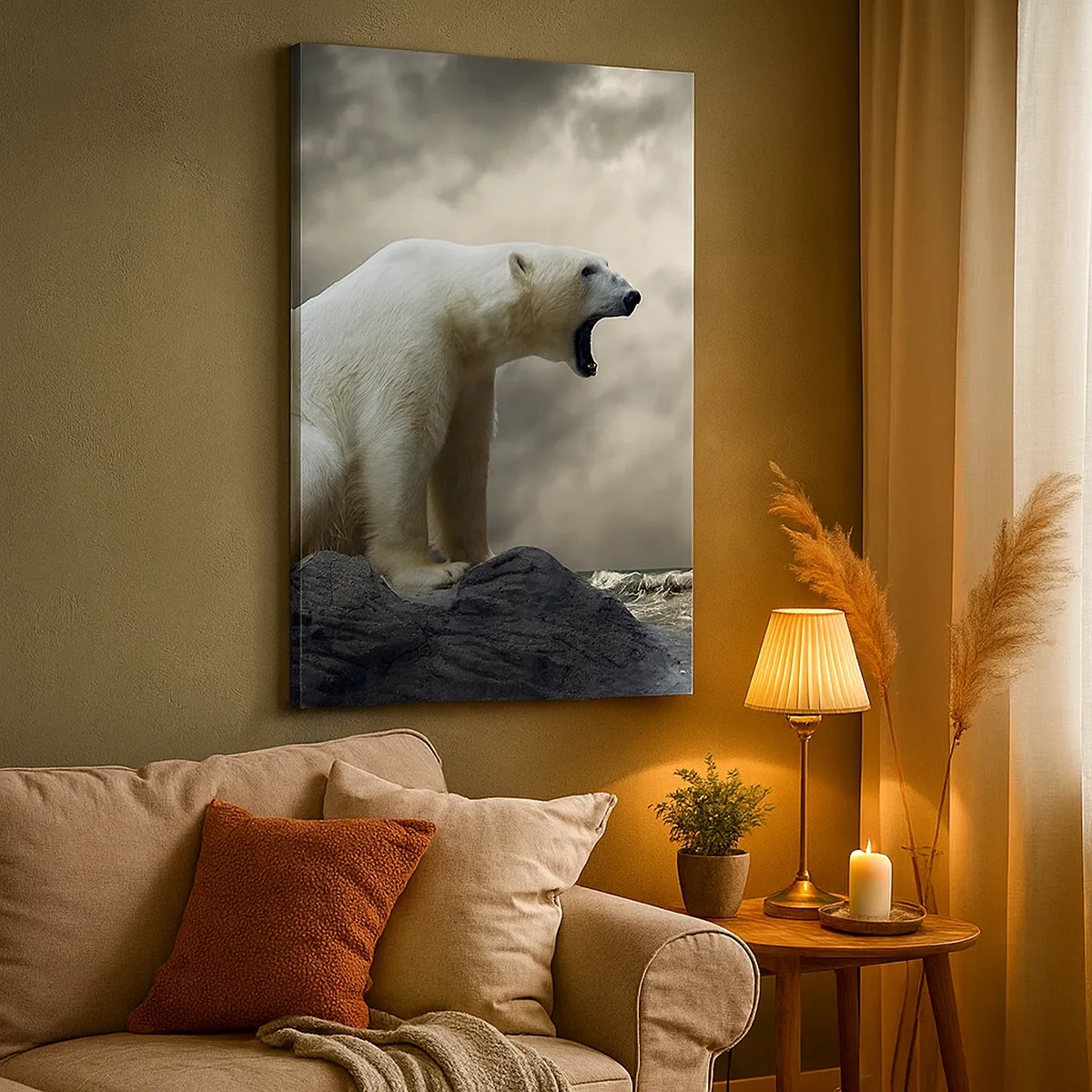 Bild auf Leinwand - Leinwandbild - Ein Eisbär auf den Felsen über einem stürmischen Meer - 50x70cm - Der einsame König der Arktis - Moderne Wanddekoration für Wohnzimmer und Schlafzimmer ARTTOR