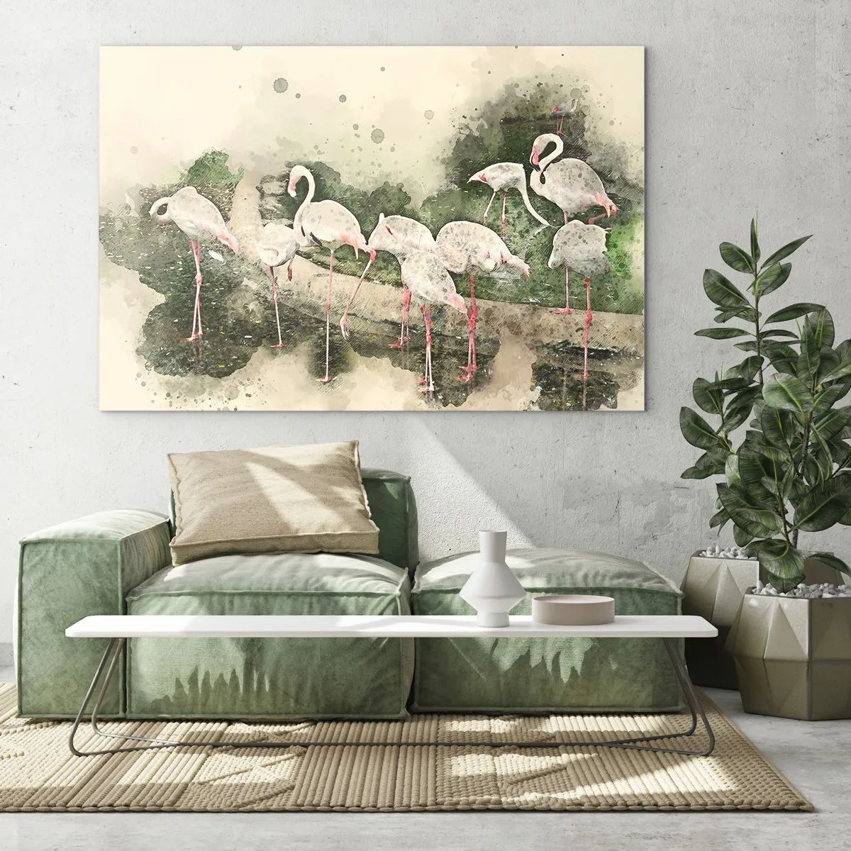 Glasbild - Bild auf glas - Flamingos vor dem Hintergrund einer Aquarellkomposition - 120x80cm - Exotischer Traum - Moderne Wanddekoration für Wohnzimmer und Schlafzimmer ARTTOR