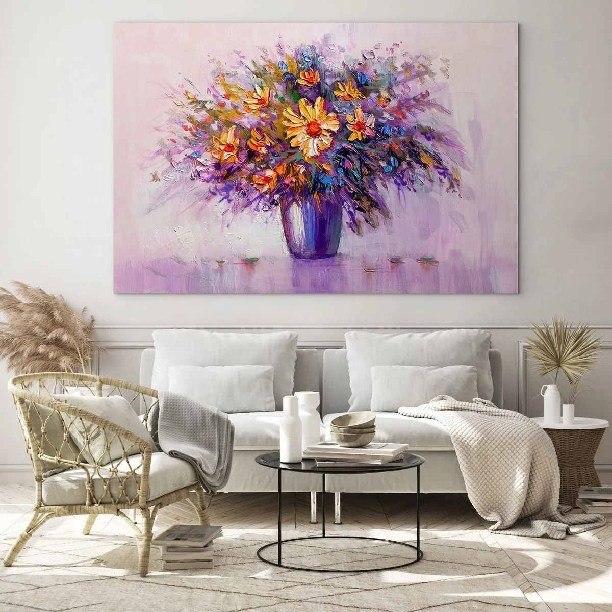 Glasbild - Bild auf glas - Ein Strauß bunter Blumen in einer Vase auf pastellfarbenem Hintergrund - 100x70cm - Es riecht süß, sieht süß aus - Moderne Wanddekoration für Wohnzimmer und Schlafzimmer ARTTOR