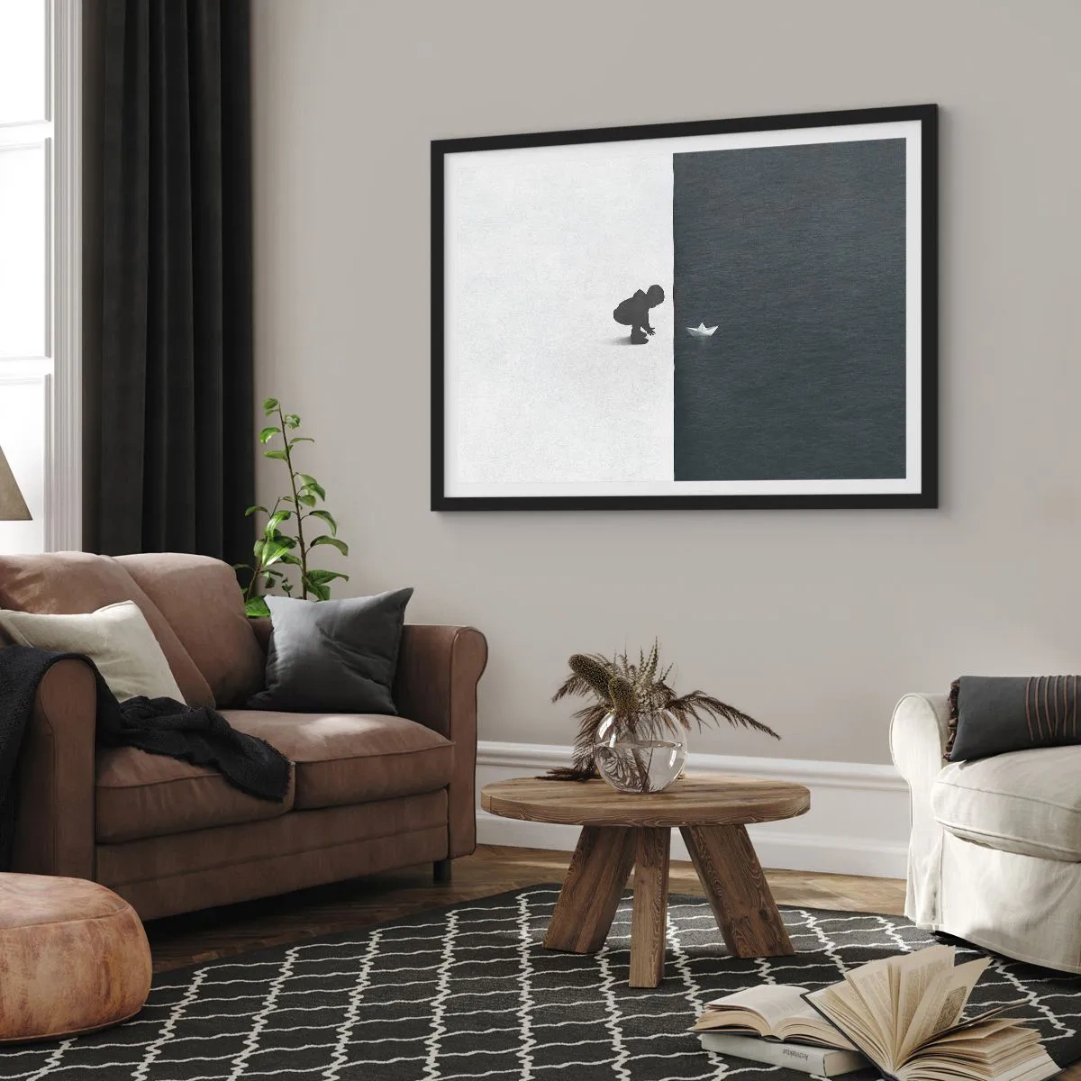 Poster in einem schwarzem Rahmen - Eine Kinderfigur mit einem Papierboot vor einem Hintergrund aus kontrastierenden Hälften - 100x70cm - Tolle Expedition - Moderne Wanddekoration für Wohnzimmer und Schlafzimmer ARTTOR