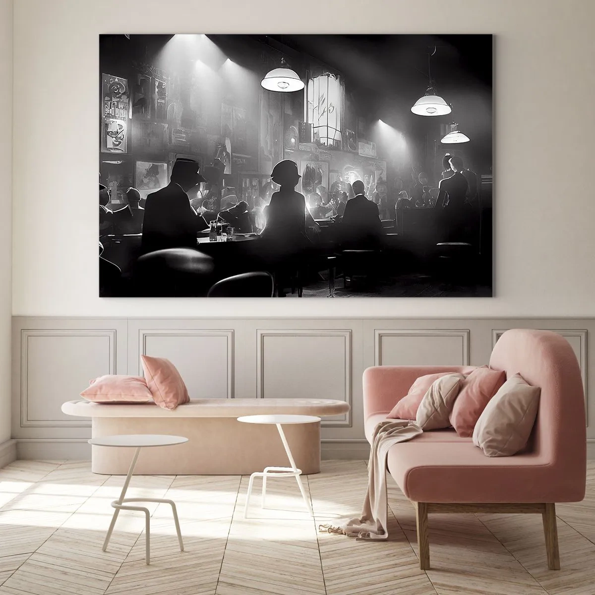 Glasbild - Bild auf glas - Schwarz-weiße Jazzbühne im Club-Interieur - 70x50cm - In Jazz-Atmosphäre - Moderne Wanddekoration für Wohnzimmer und Schlafzimmer ARTTOR