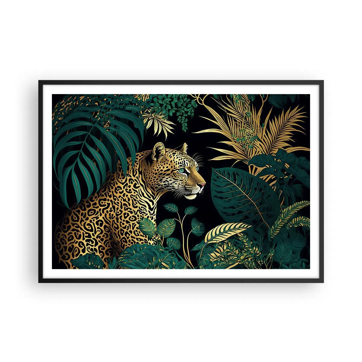 Poster in einem schwarzem Rahmen - Leopard in tropischen Blättern auf schwarzem Hintergrund - 100x70cm - Gastgeber im Dschungel - Moderne Wanddekoration für Wohnzimmer und Schlafzimmer ARTTOR