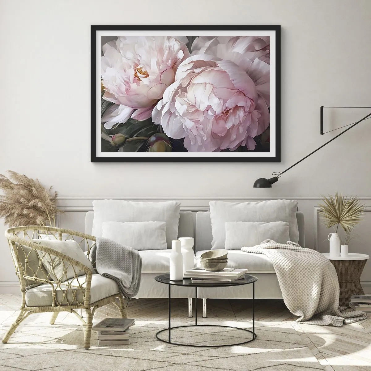 Poster in einem schwarzem Rahmen - Zarte rosa Pfingstrosen in voller Blüte - 100x70cm - In der Blüte angehalten - Moderne Wanddekoration für Wohnzimmer und Schlafzimmer ARTTOR