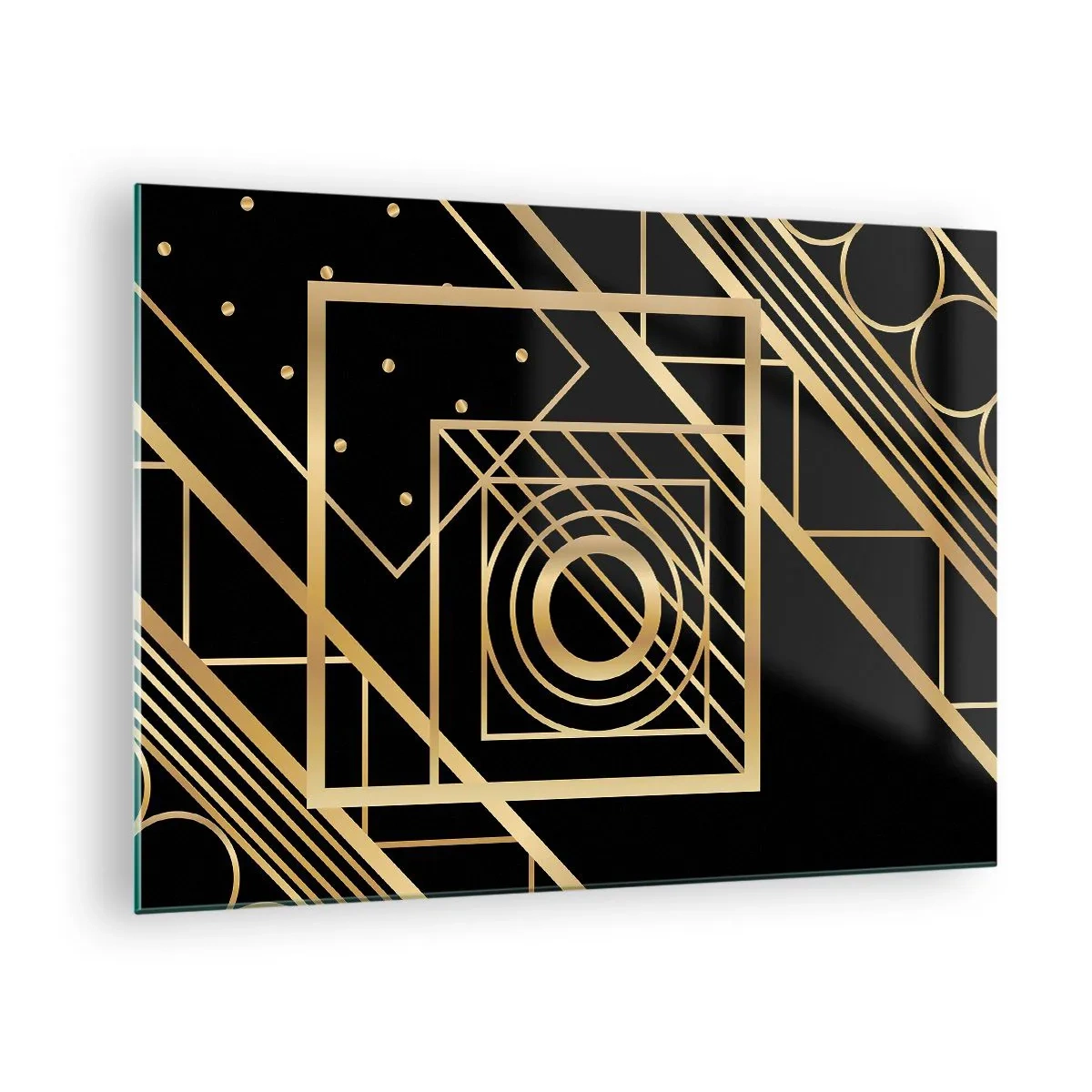 Glasbild - Bild auf glas - Goldene geometrische Muster auf schwarzem Hintergrund - 70x50cm - Goldene Geometrie - Moderne Wanddekoration für Wohnzimmer und Schlafzimmer ARTTOR