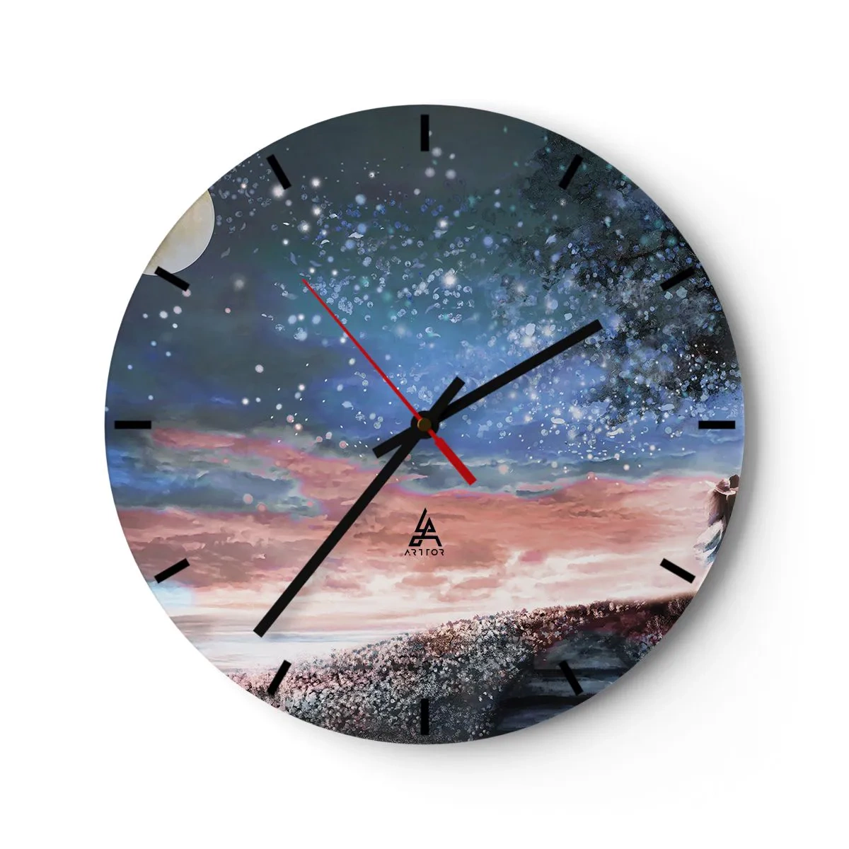 Wanduhr - Glasuhr - Ein Nachthimmel voller Sterne mit einem Mond und rosa Wolken - 30x30cm - Ein sternenklares Spektakel - Moderne Wanddekoration für Wohnzimmer, Küche und Schlafzimmer ARTTOR