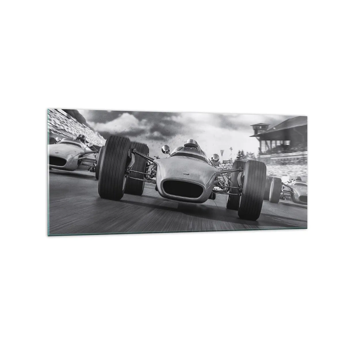 Glasbild - Bild auf glas - Oldtimerrennen in Bewegung - 120x50cm - Power ist da! - Moderne Wanddekoration für Wohnzimmer und Schlafzimmer ARTTOR