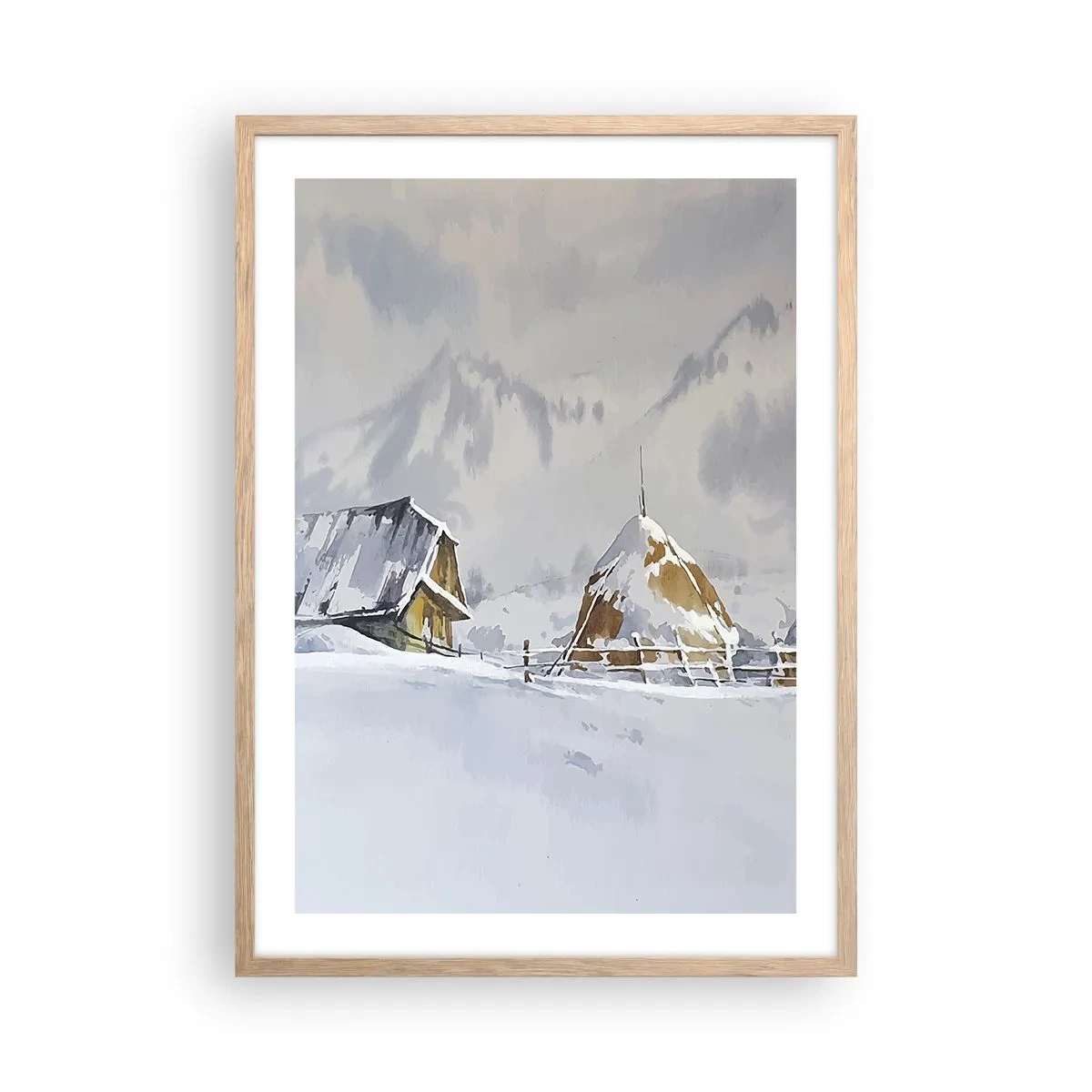 Poster in einem Rahmen aus heller Eiche - In einem verschneiten Talkessel - 50x70 cm