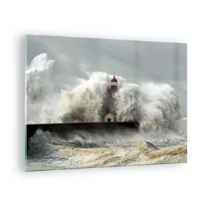 Glasbild - Bild auf glas - Ein Leuchtturm, umgeben von mächtigen Wellen - 70x50cm - Die Wut des Ozeans - Moderne Wanddekoration für Wohnzimmer und Schlafzimmer ARTTOR