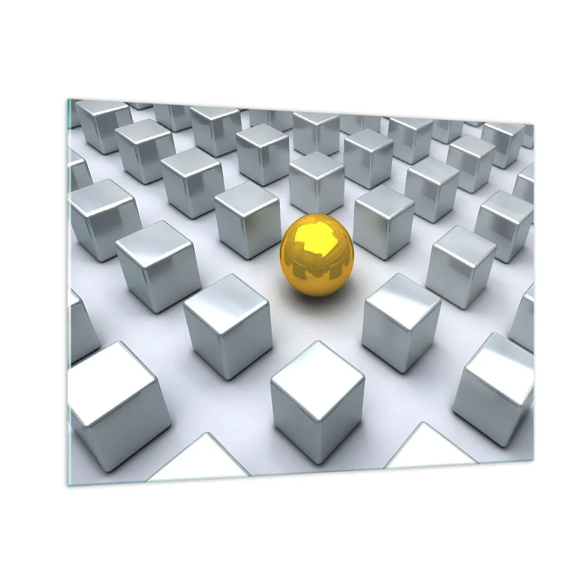 Glasbild - Bild auf glas - Eine goldene Kugel, umgeben von silbernen Würfeln - 100x70cm - Warum ich? Geometrische Zusammensetzung - Moderne Wanddekoration für Wohnzimmer und Schlafzimmer ARTTOR