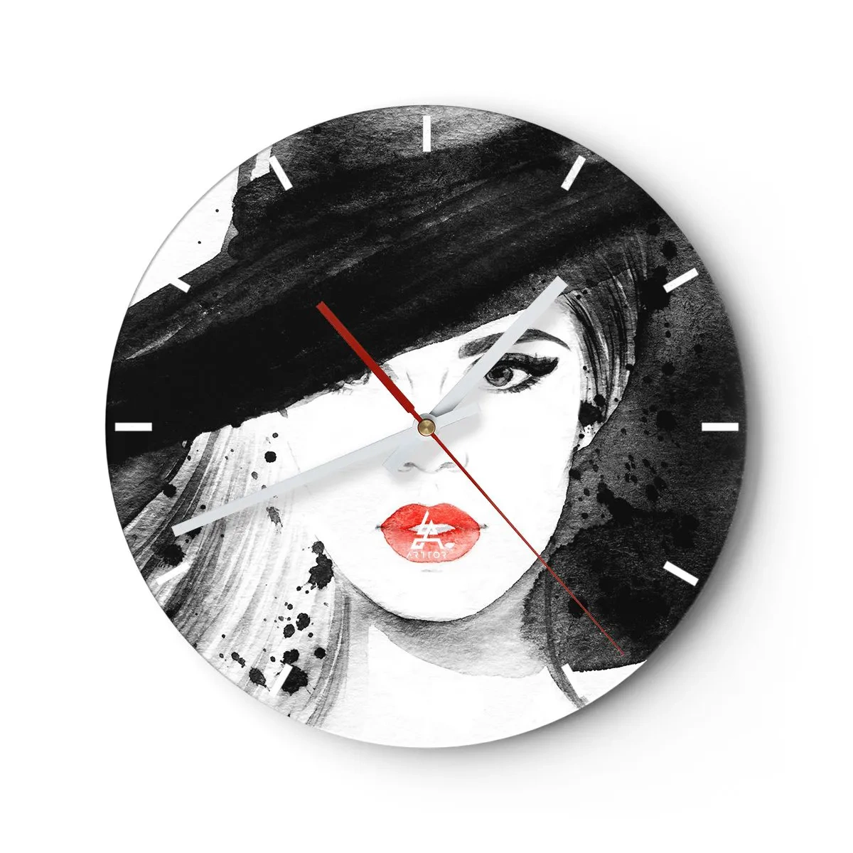 Wanduhr - Glasuhr - Stilvolle Frau mit Hut und roten Lippen - 30x30cm - Frau in schwarz - Moderne Wanddekoration für Wohnzimmer, Küche und Schlafzimmer ARTTOR