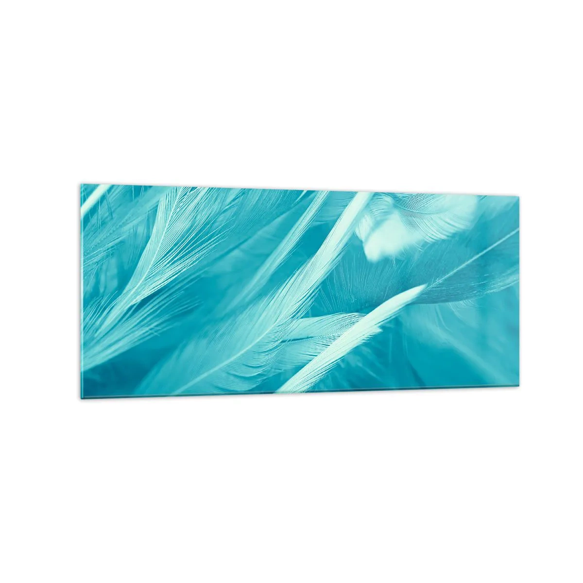 Glasbild - Bild auf glas - Zarte türkisfarbene Federn in Nahaufnahme - 120x50cm - In Pulver ertrinken - Moderne Wanddekoration für Wohnzimmer und Schlafzimmer ARTTOR