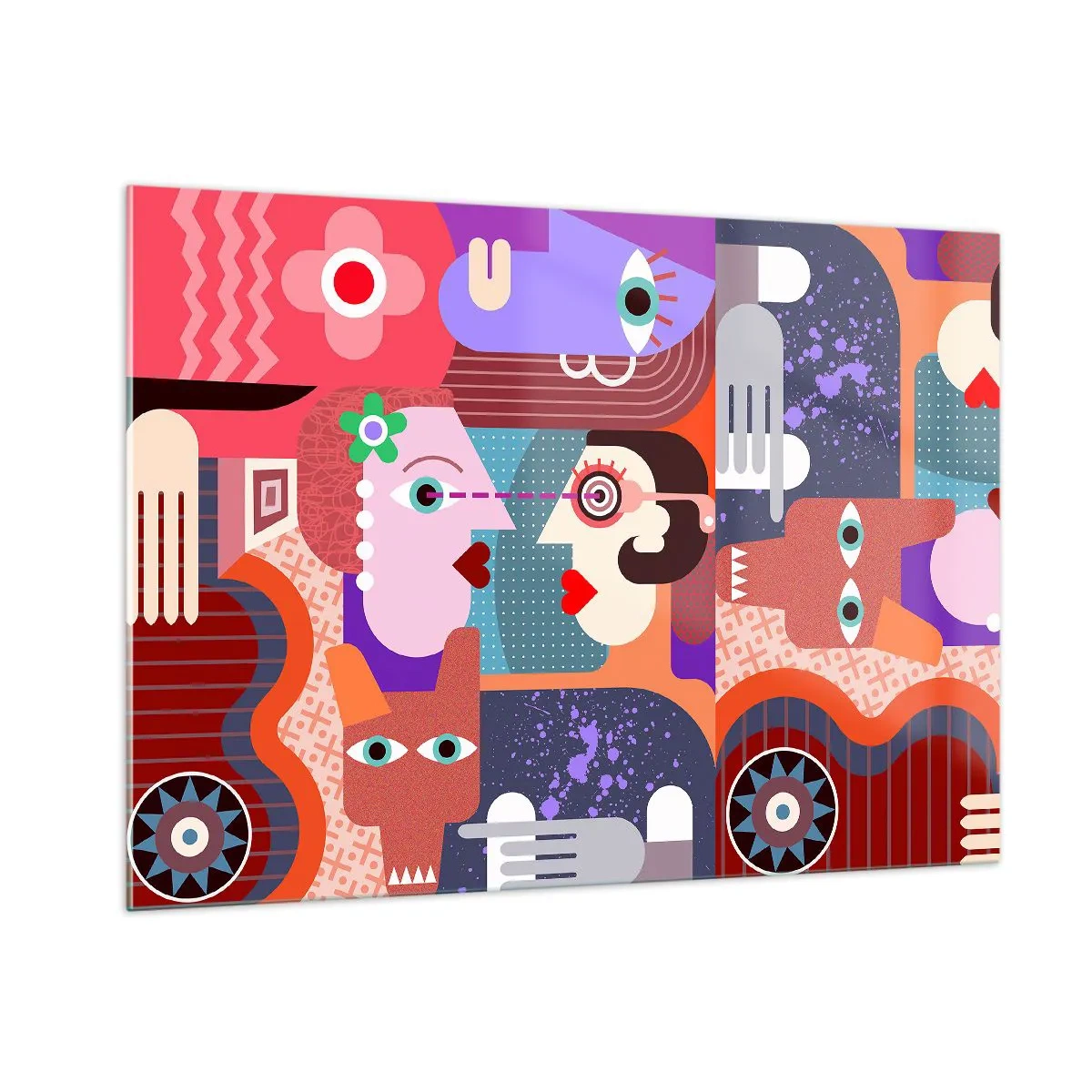 Glasbild - Bild auf glas - Eine abstrakte Komposition aus Gesichtern und Formen in intensiven Farben. - 100x70cm - Augenhöhe - Moderne Wanddekoration für Wohnzimmer und Schlafzimmer ARTTOR