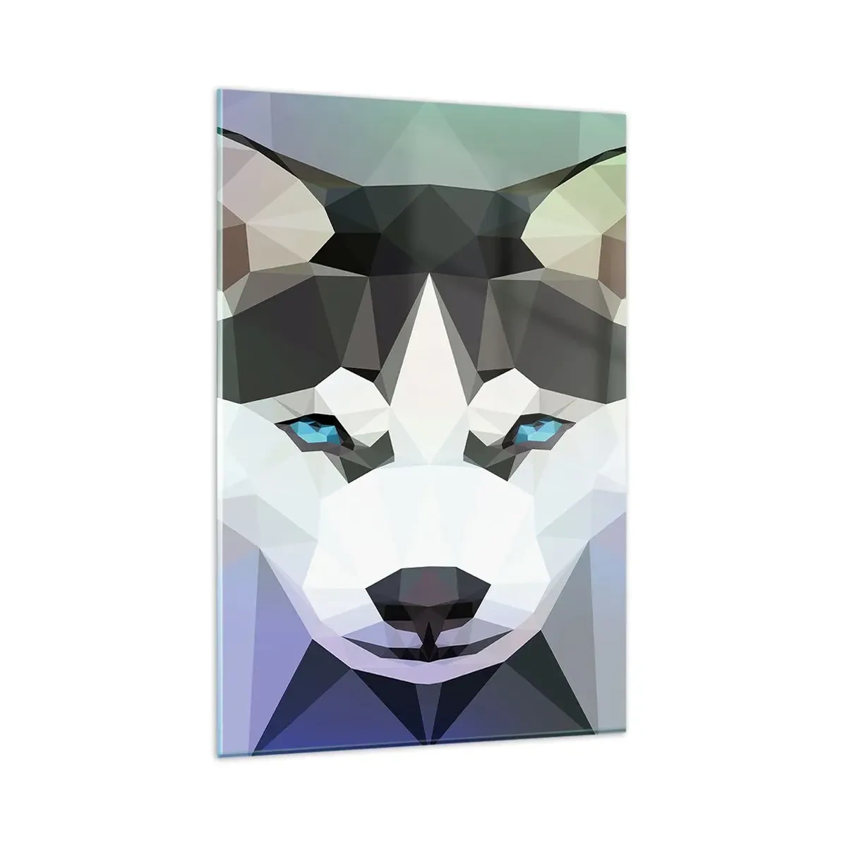 Glasbild - Bild auf glas - Geometrischer Wolf mit ausdrucksstarken blauen Augen - 80x120cm - Die Erinnerung an den Schnee des Nordens - Moderne Wanddekoration für Wohnzimmer und Schlafzimmer ARTTOR