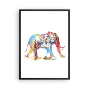 Poster in einem schwarzem Rahmen - Bunter Elefant mit indischen Motiven und dem Taj Mahal - 50x70cm - Indien – die Aura der Liebe - Moderne Wanddekoration für Wohnzimmer und Schlafzimmer ARTTOR
