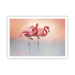 Poster - Flamingos in zarten Pastellfarben auf Wasserhintergrund - 100x70cm - Die Farbe der untergehenden Sonne - Moderne Wanddekoration für Wohnzimmer und Schlafzimmer ARTTOR