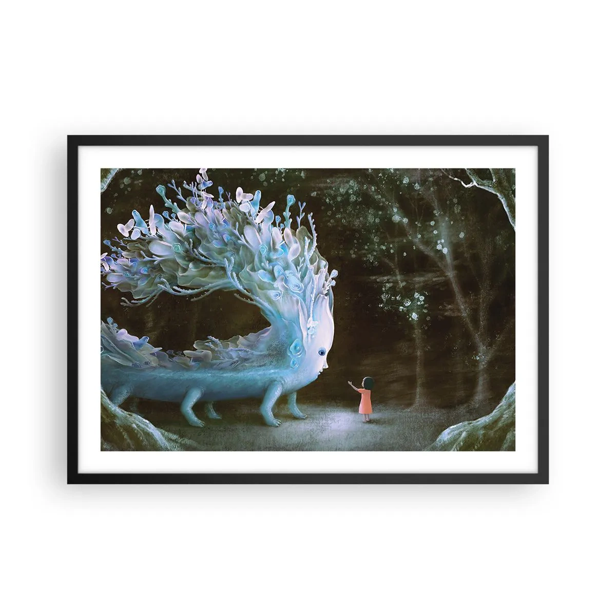 Poster in einem schwarzem Rahmen - Die Figur eines Mädchens, das einem fantastischen Wesen gegenübersteht - 70x50cm - Fantastisches Treffen - Moderne Wanddekoration für Wohnzimmer und Schlafzimmer ARTTOR