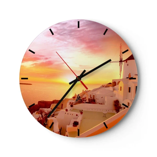Wanduhr - Glasuhr - Blick auf griechische Architektur bei Sonnenuntergang - 30x30cm - In Weiß und Gold schmelzen - Moderne Wanddekoration für Wohnzimmer, Küche und Schlafzimmer ARTTOR