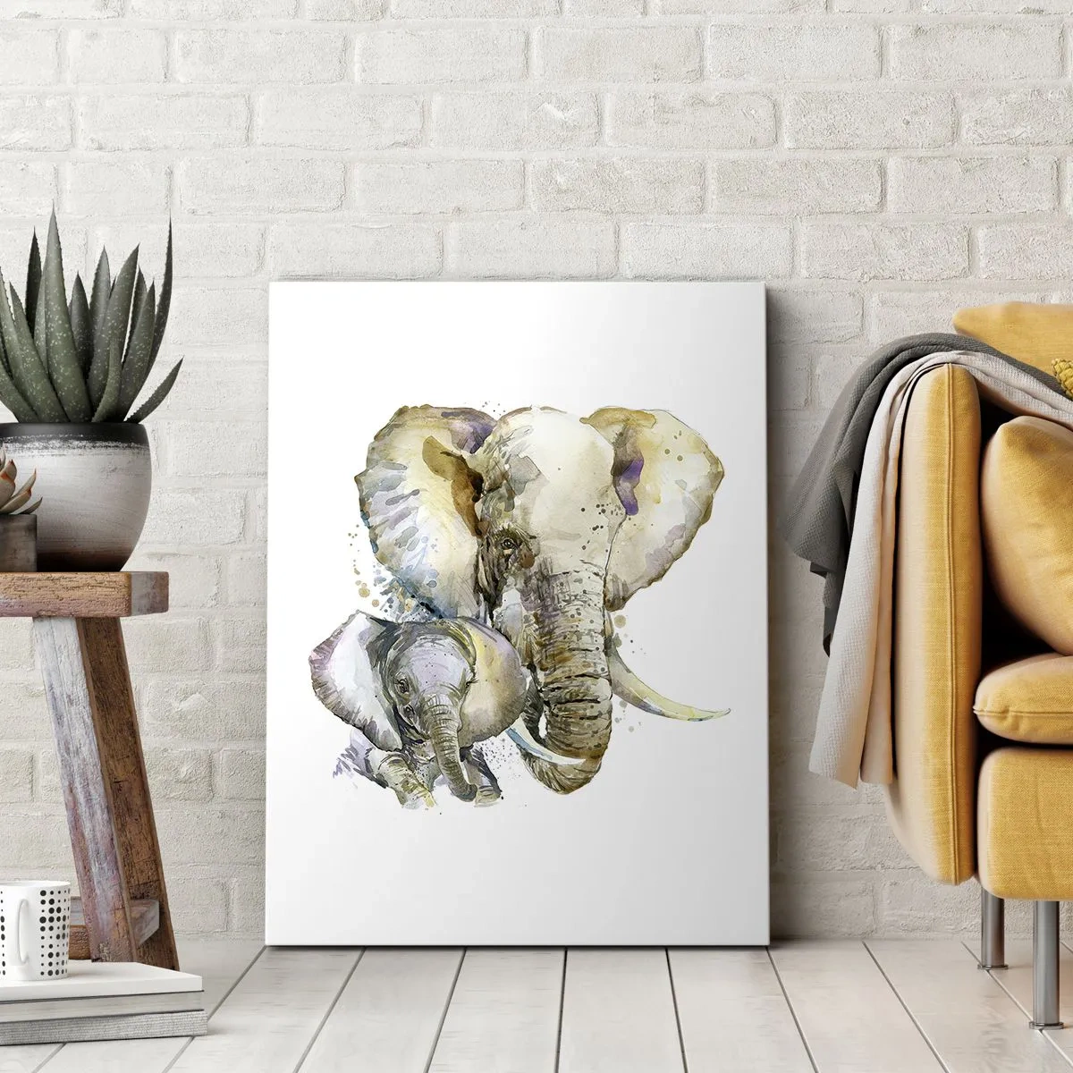 Bild auf Leinwand - Leinwandbild - Aquarell-Elefanten in dezenten Farben - 70x100cm - Mama ist kein Zuhause - Moderne Wanddekoration für Wohnzimmer und Schlafzimmer ARTTOR