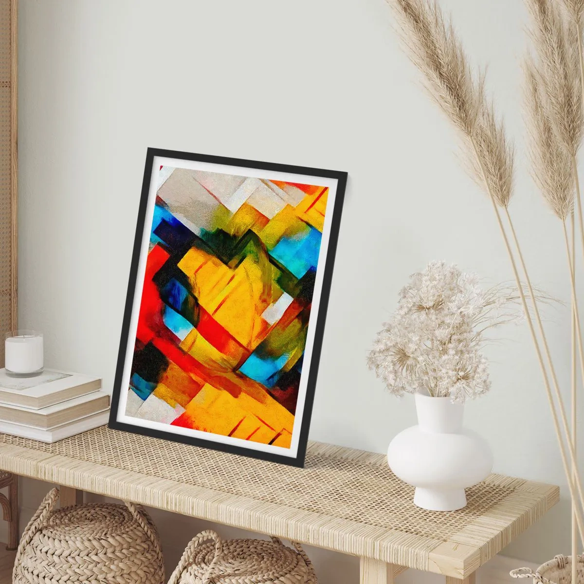 Poster in einem schwarzem Rahmen - Abstrakte geometrische Formen in intensiven Farben - 50x70cm - Ein bunter Interleaver - Moderne Wanddekoration für Wohnzimmer und Schlafzimmer ARTTOR