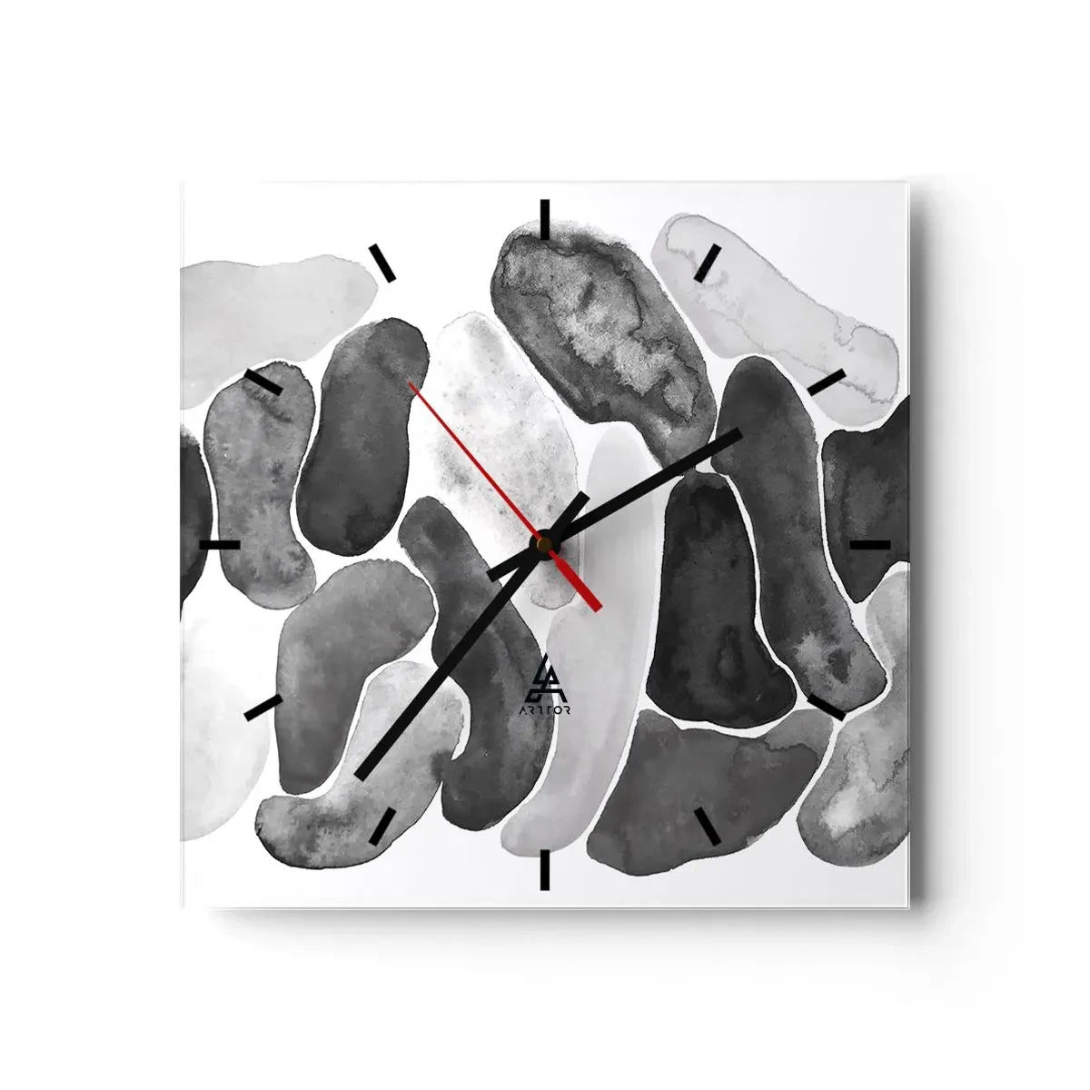 Wanduhr - Glasuhr - Schwarz-weiße Abstraktion mit unregelmäßigen Flecken auf weißem Hintergrund - 30x30cm - Felsige Abstraktion - Moderne Wanddekoration für Wohnzimmer und Schlafzimmer ARTTOR