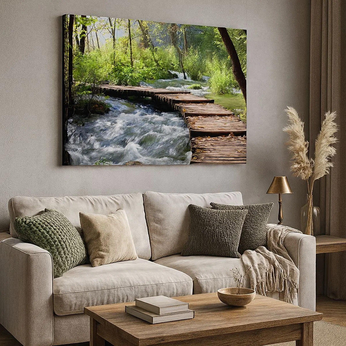 Bild auf Leinwand - Leinwandbild - Eine Holzbrücke über einen rauschenden Bach, umgeben vom Grün des Waldes. - 70x50cm - Über der schaumigen Kaskade - Moderne Wanddekoration für Wohnzimmer und Schlafzimmer ARTTOR