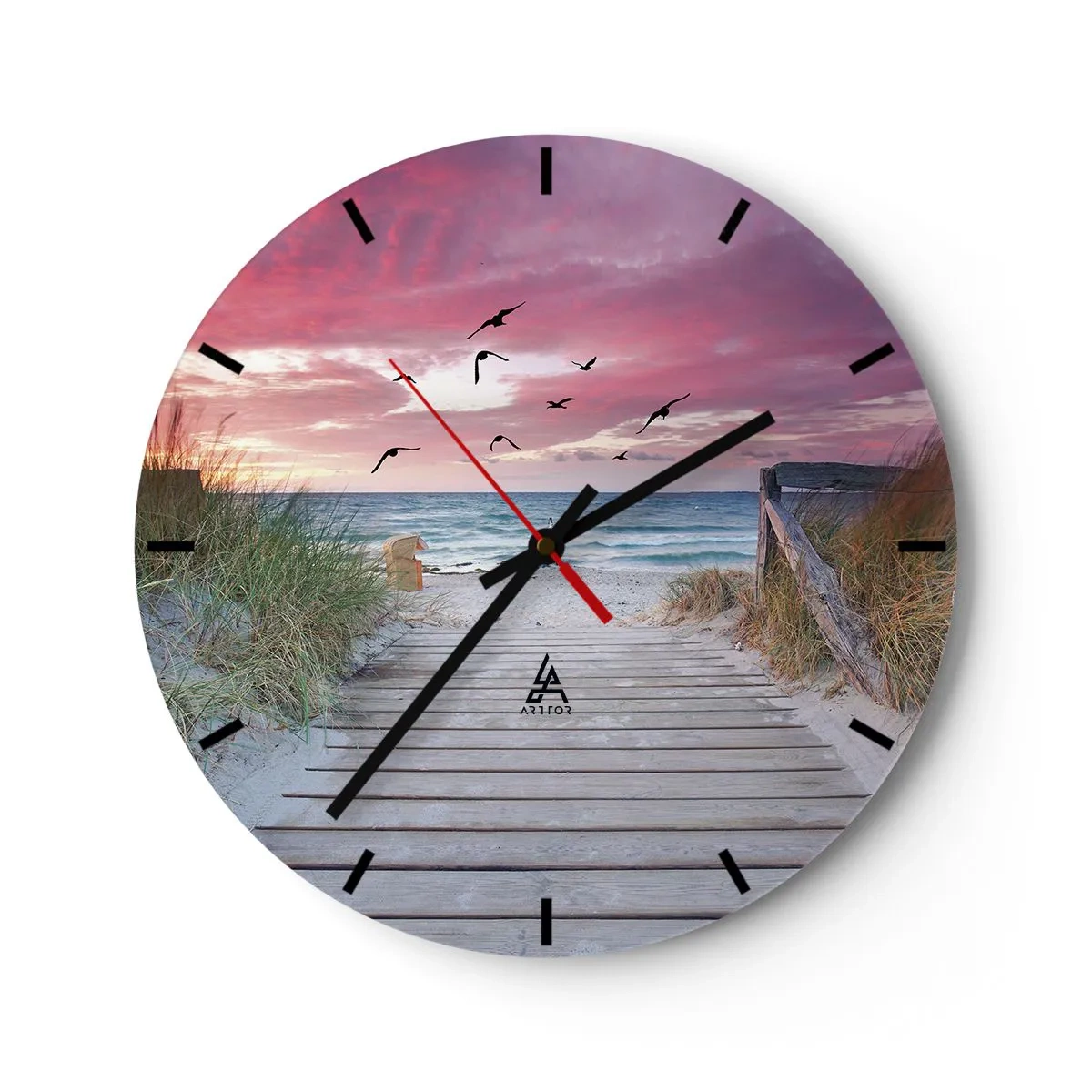 Wanduhr - Glasuhr - Holzsteg zum Strand bei Sonnenuntergang - 30x30cm - Baltischer Eindruck - Moderne Wanddekoration für Wohnzimmer, Küche und Schlafzimmer ARTTOR