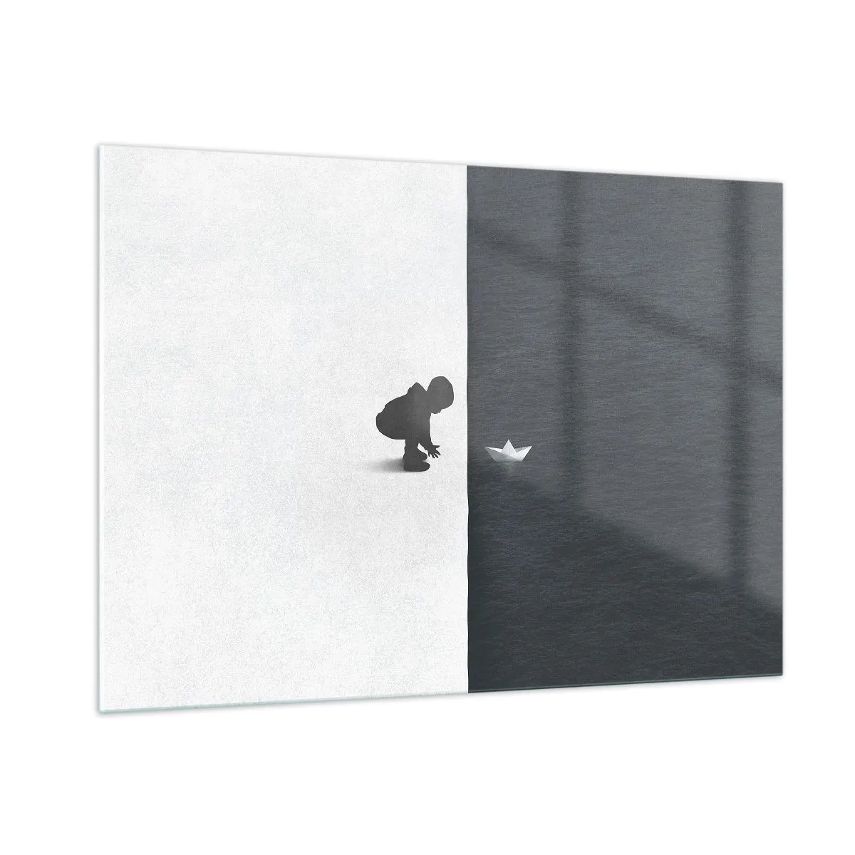 Glasbild - Bild auf glas - Silhouette eines Kindes, das ein Papierboot ins Wasser wirft - 100x70cm - Tolle Expedition - Moderne Wanddekoration für Wohnzimmer und Schlafzimmer ARTTOR