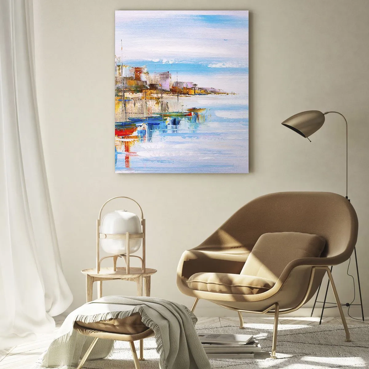 Glasbild - Bild auf glas - Bunte Boote am Ufer mit Blick auf die Skyline der Stadt - 80x120cm - Bunte urbane Oase - Moderne Wanddekoration für Wohnzimmer und Schlafzimmer ARTTOR