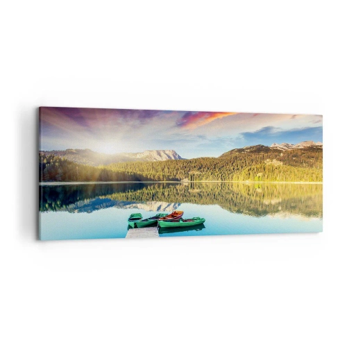 Bild auf Leinwand - Leinwandbild - Sonnenuntergang über dem See mit Booten am Pier - 120x50cm - Glatt wie ein Spiegel über dem Wasser - Moderne Wanddekoration für Wohnzimmer und Schlafzimmer ARTTOR