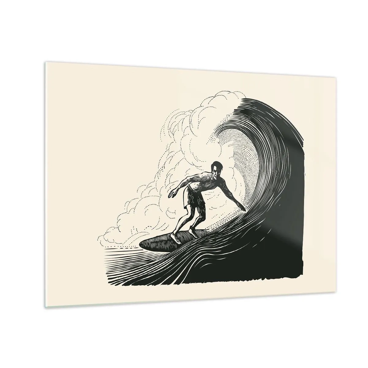 Glasbild - Bild auf glas - Surfer reitet auf einer hohen Welle im Retro-Zeichenstil - 70x50cm - König der Welle - Moderne Wanddekoration für Wohnzimmer und Schlafzimmer ARTTOR