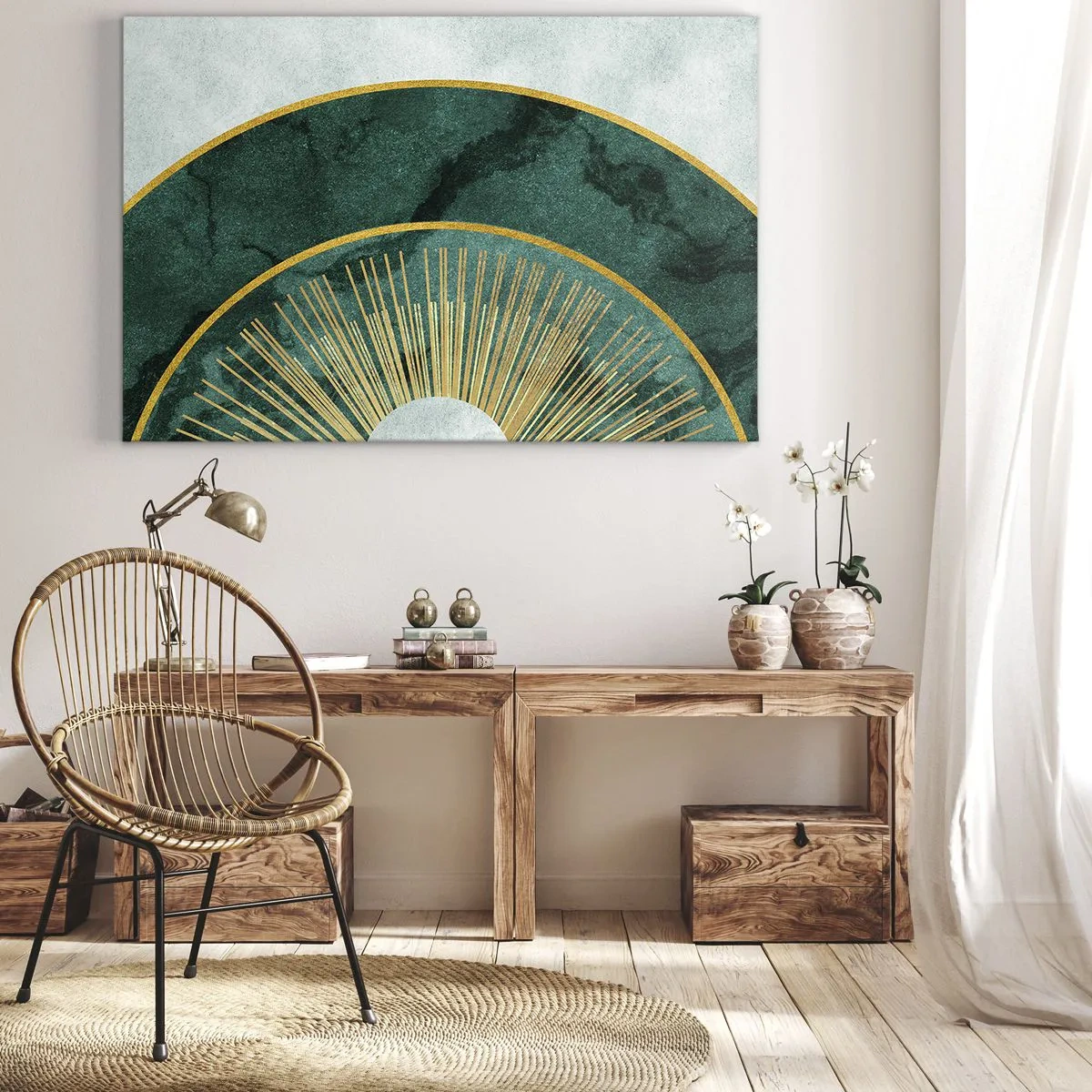 Bild auf Leinwand - Leinwandbild - Abstraktes Muster mit Kreisen in Smaragd- und Goldfarben. - 100x70cm - Anderes Sonnensystem - Moderne Wanddekoration für Wohnzimmer und Schlafzimmer ARTTOR