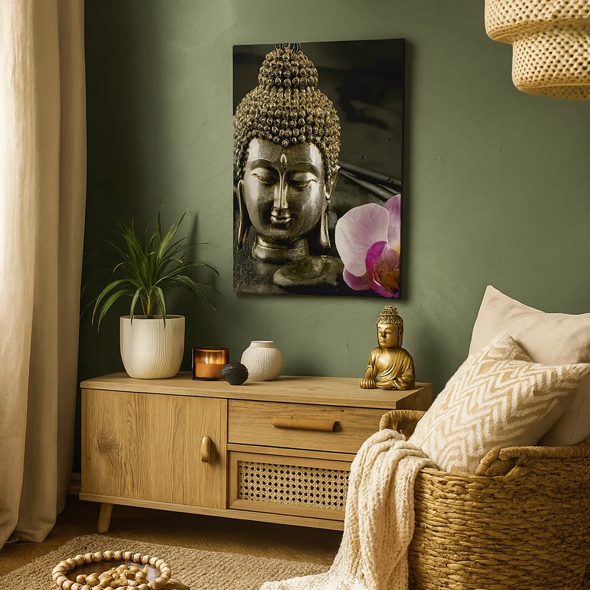 Bild auf Leinwand - Leinwandbild - Eine Buddha-Statuette mit Orchidee und Essstäbchen vor einem Hintergrund aus Steinen - 50x70cm - Harmonie von Weisheit und Schönheit - Moderne Wanddekoration für Wohnzimmer und Schlafzimmer ARTTOR