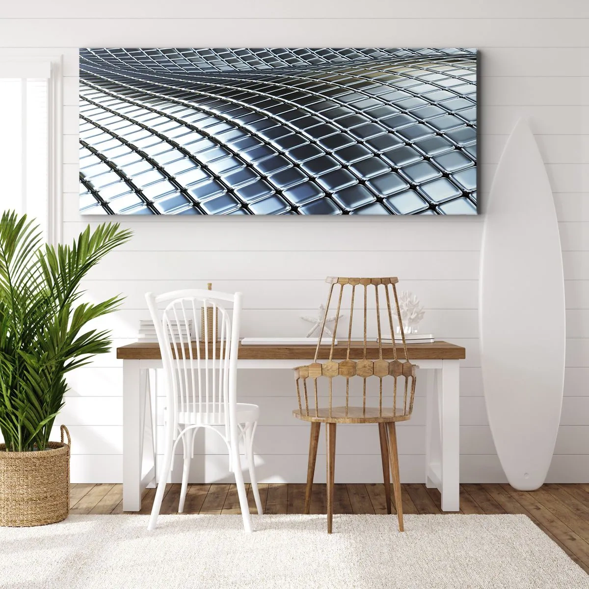 Bild auf Leinwand - Leinwandbild - Moderne Struktur aus metallischen Quadraten - 160x50cm - Metallische silberne Welle - Moderne Wanddekoration für Wohnzimmer und Schlafzimmer ARTTOR