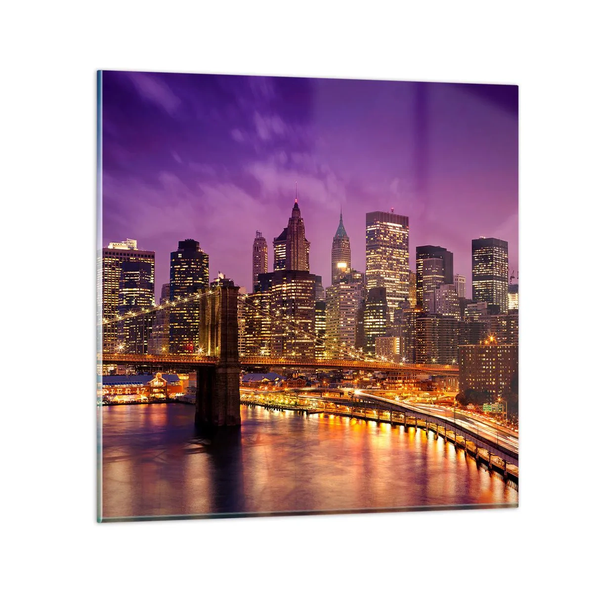 Glasbild - Bild auf glas - Violett-goldenes Manhathann - 30x30 cm