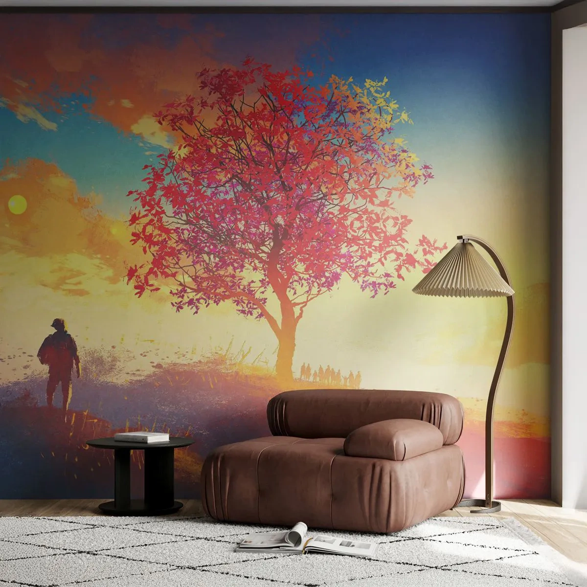 Fototapete Premium Sand - Eine einsame Gestalt in der Natur mit einem bunten Baum vor dem Hintergrund der Sonne - 100x70cm - Pilger am Ziel - Moderne Wanddekoration für Wohnzimmer und Schlafzimmer ARTTOR