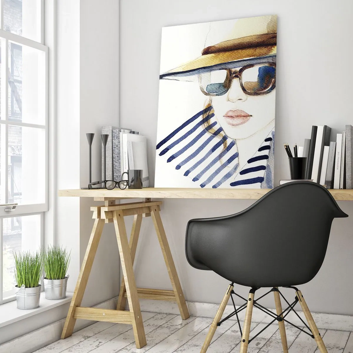 Glasbild - Bild auf glas - Porträt einer Frau mit Hut und Sonnenbrille - 80x120cm - Florida heißt Sie willkommen! - Moderne Wanddekoration für Wohnzimmer und Schlafzimmer ARTTOR