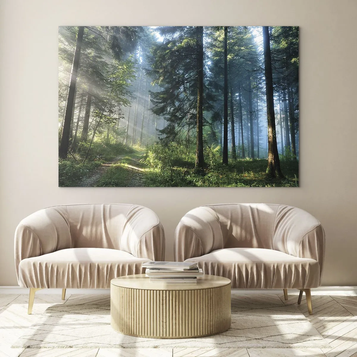 Glasbild - Bild auf glas - Ein Waldweg im Morgennebel zwischen hohen Bäumen - 70x50cm - Strahlend am Morgen - Moderne Wanddekoration für Wohnzimmer und Schlafzimmer ARTTOR