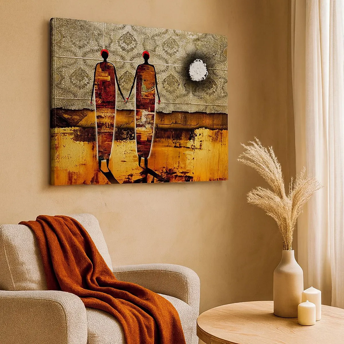 Bild auf Leinwand - Leinwandbild - Ein abstraktes Figurenpaar vor einem Hintergrund aus goldenen Mustern und einer Landschaft. - 70x50cm - Ethnische Zusammensetzung in den Farben Afrikas - Moderne Wanddekoration für Wohnzimmer und Schlafzimmer ARTTOR