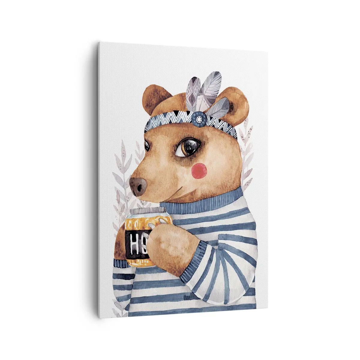 Bild auf Leinwand - Leinwandbild - Ein Teddybär im gestreiften Pullover mit einer Tasse Honig - 70x100cm - Süße Bärin - Moderne Wanddekoration für Wohnzimmer und Schlafzimmer ARTTOR