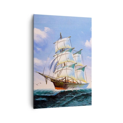 Bild auf Leinwand - Leinwandbild - Ein Segelschiff auf offener See unter blauem Himmel - 70x100cm - Mit Stolz mit dem Wind - Moderne Wanddekoration für Wohnzimmer und Schlafzimmer ARTTOR