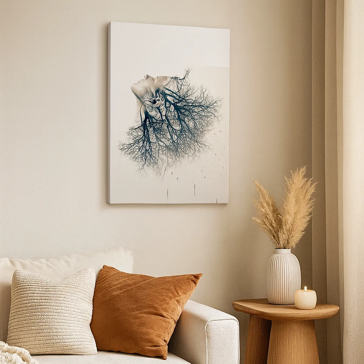 Bild auf Leinwand - Leinwandbild - Kreative Silhouette einer Frau und Bäume - 50x70cm - Dem Rauschen der Bäume lauschen - Moderne Wanddekoration für Wohnzimmer und Schlafzimmer ARTTOR