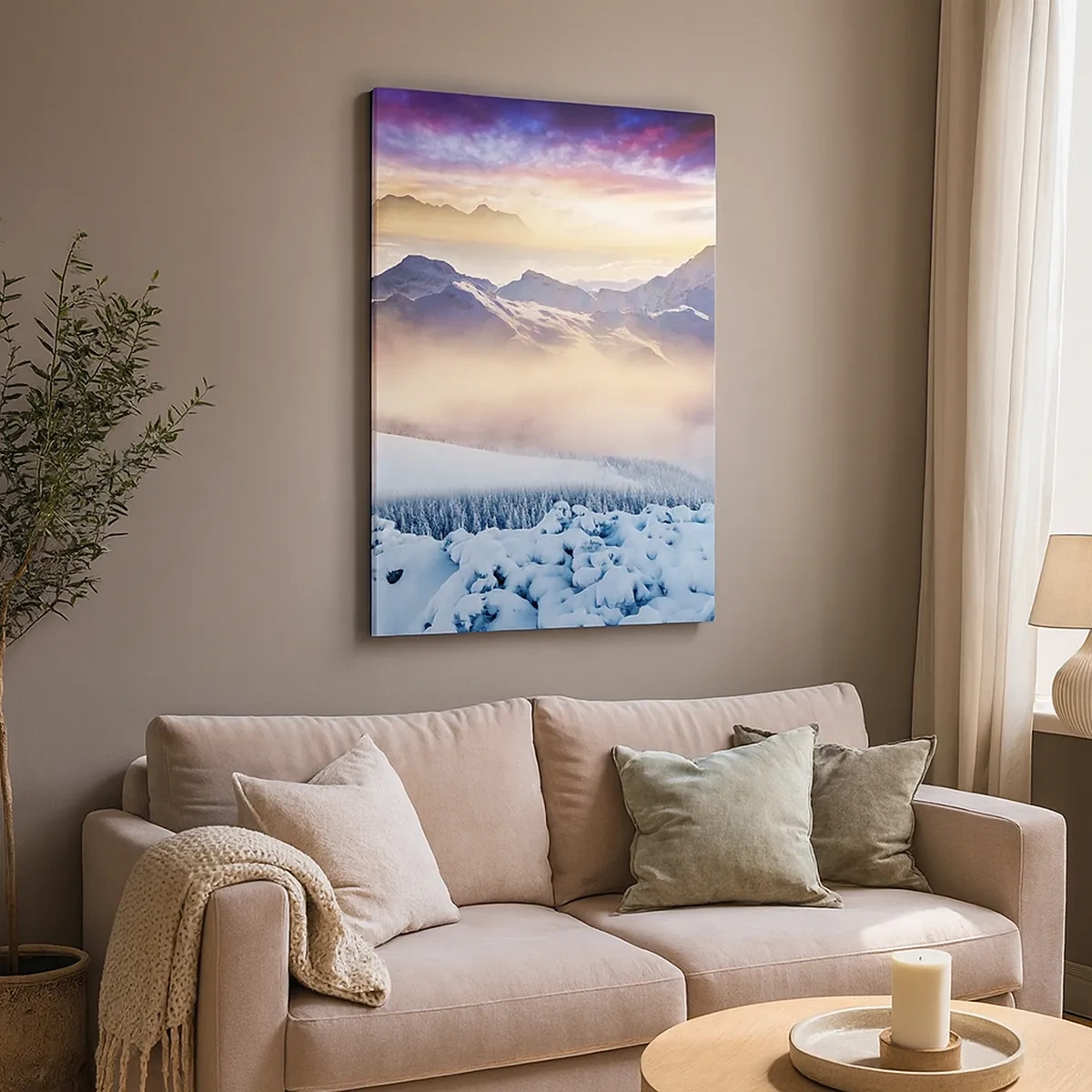 Bild auf Leinwand - Leinwandbild - Schneebedeckte Berge im Morgengrauen mit einem farbenfrohen Himmel - 50x70cm - Die Kraft und Reinheit der Natur - Moderne Wanddekoration für Wohnzimmer und Schlafzimmer ARTTOR