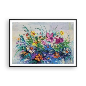 Poster in einem schwarzem Rahmen - Ein bunter Blumenstrauß, gemalt in der Impasto-Technik - 100x70cm - Überhaupt kein Stillleben - Moderne Wanddekoration für Wohnzimmer und Schlafzimmer ARTTOR