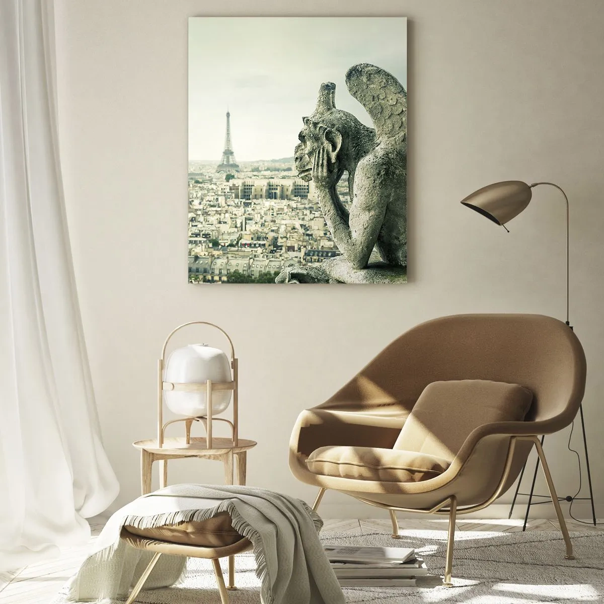 Glasbild - Bild auf glas - Wasserspeier mit Blick auf die Skyline von Paris und den Eiffelturm - 80x120cm - Pariser Plaudern - Moderne Wanddekoration für Wohnzimmer und Schlafzimmer ARTTOR