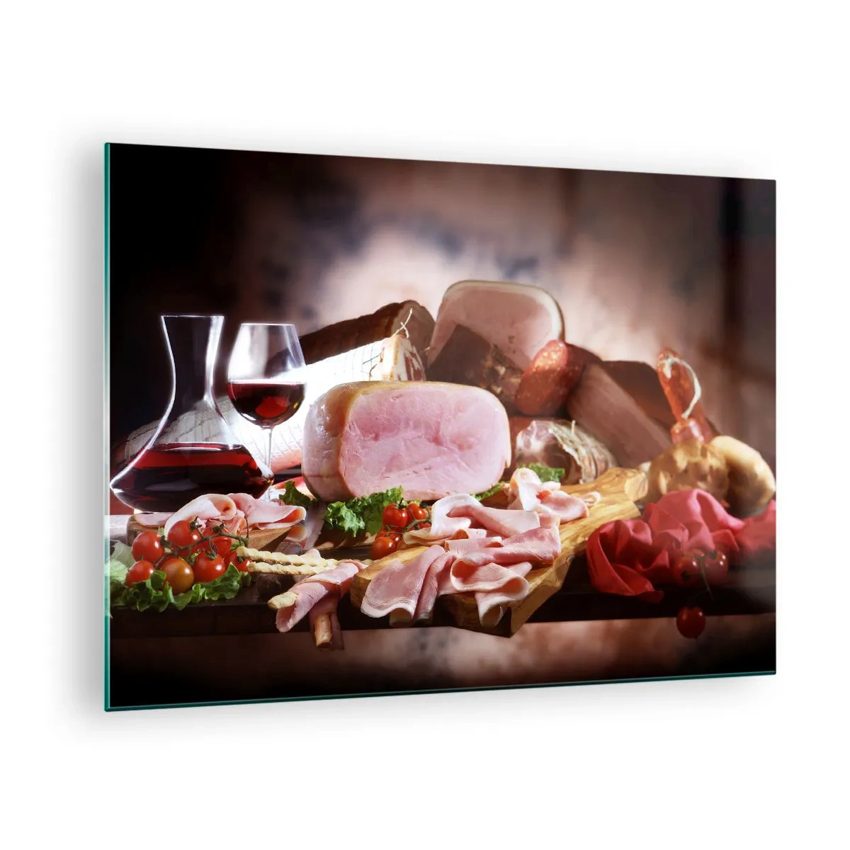 Glasbild - Bild auf glas - Küchentisch mit Aufschnitt, Wein und frischem Gemüse - 70x50cm - Ein kulinarischer Traum mit einer Karaffe - Moderne Wanddekoration für Wohnzimmer und Schlafzimmer ARTTOR