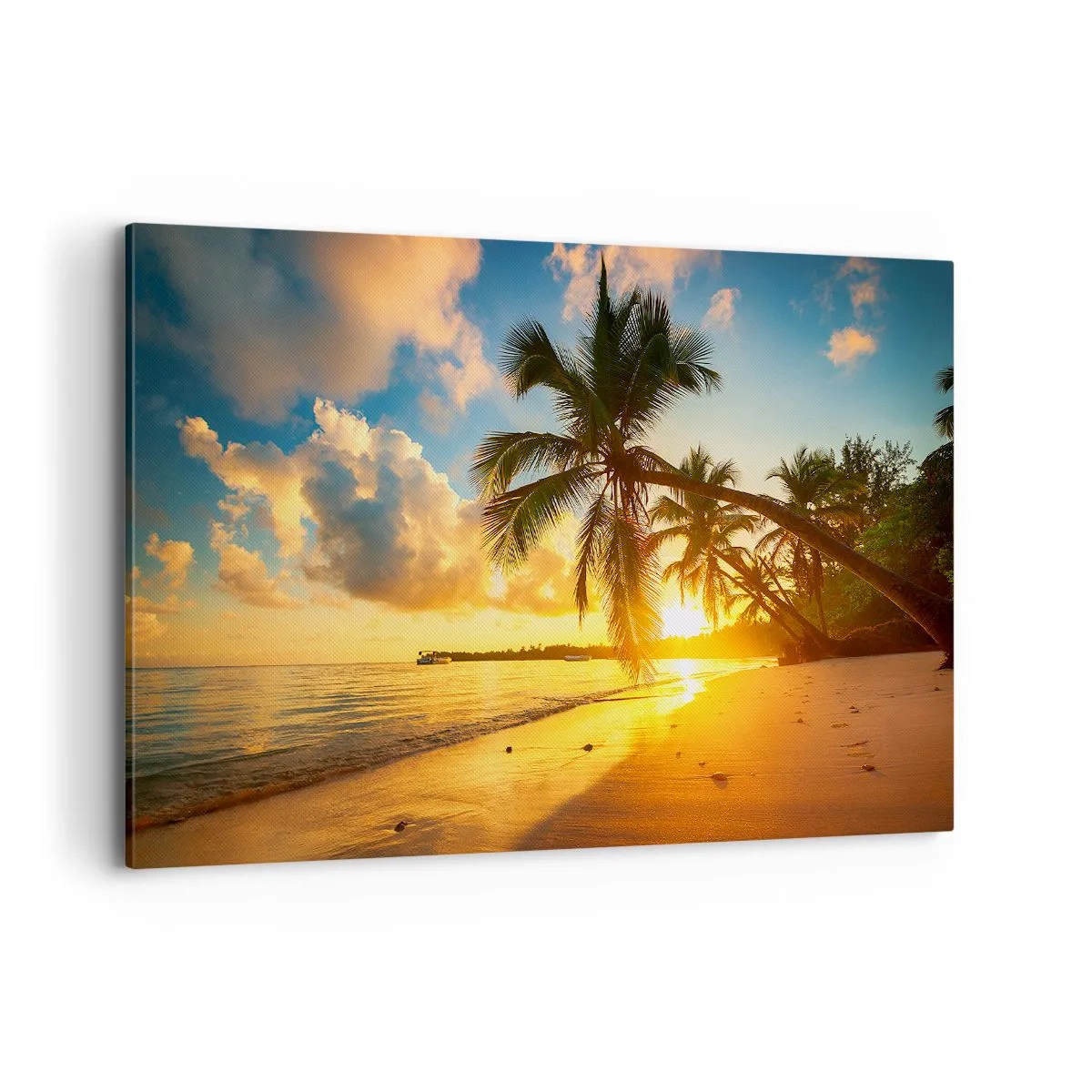 Bild auf Leinwand - Leinwandbild - Sonnenuntergang am Strand mit Palmen an der Küste - 120x80cm - Karibischer Traum - Moderne Wanddekoration für Wohnzimmer und Schlafzimmer ARTTOR