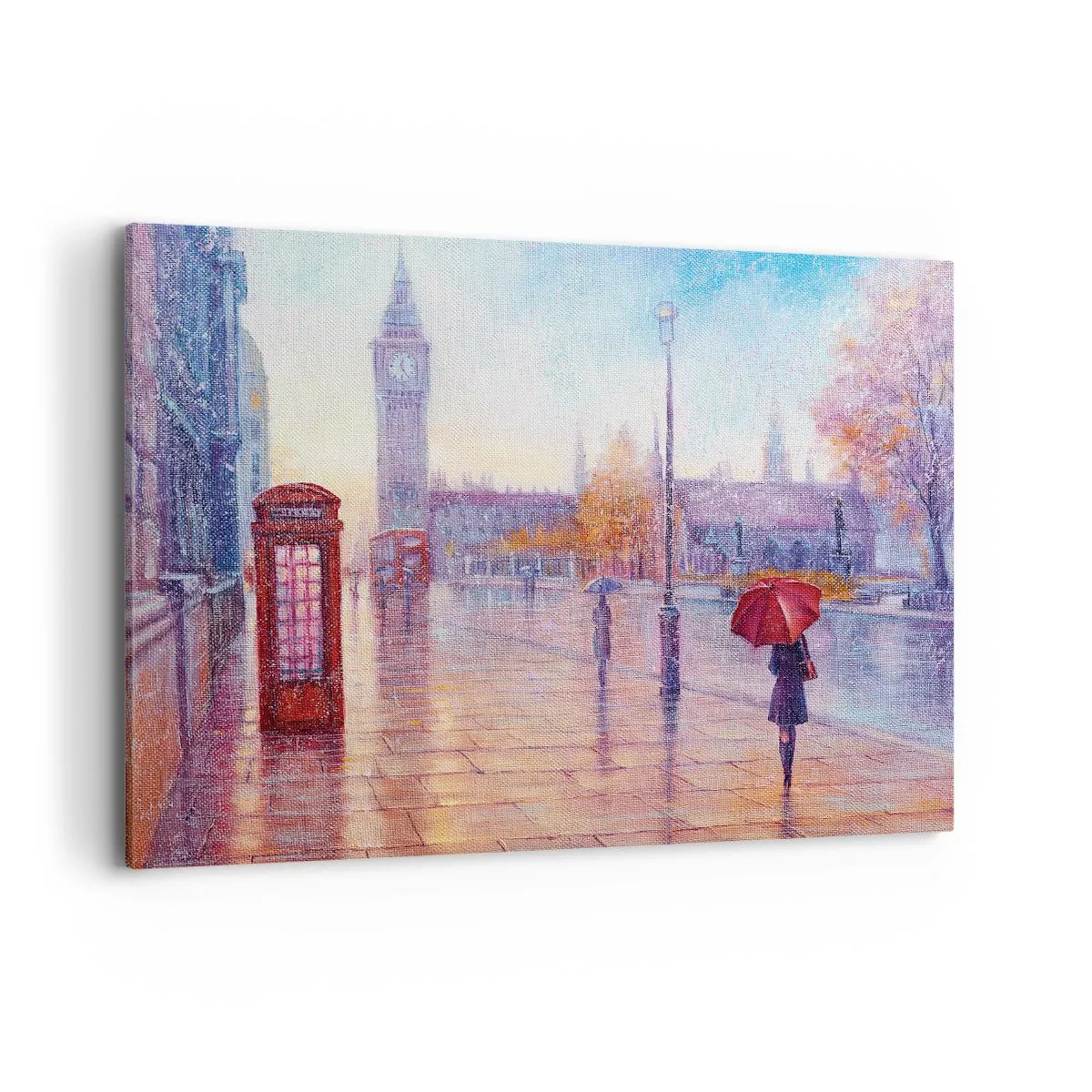 Bild auf Leinwand - Leinwandbild - Londoner Straße mit Big Ben an einem regnerischen Tag - 120x80cm - Londoner Herbsttag - Moderne Wanddekoration für Wohnzimmer und Schlafzimmer ARTTOR