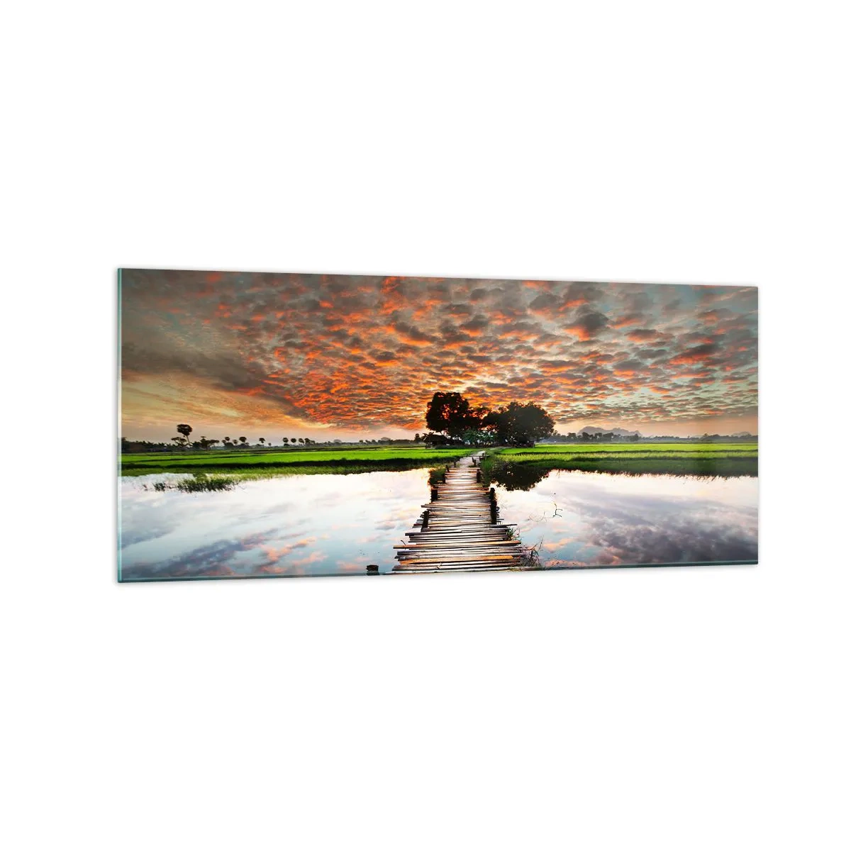 Glasbild - Bild auf glas - Holzbrücke über dem Wasser bei Sonnenuntergang - 120x50cm - Arme ausstrecken - atmen - Moderne Wanddekoration für Wohnzimmer und Schlafzimmer ARTTOR